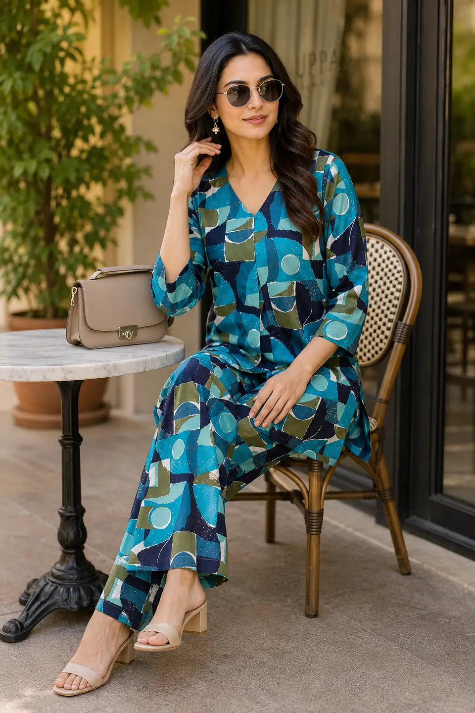 Rabric teal navy olive cotton abstract print co ord set for women in casual sitting pose with sunglasses and handbag