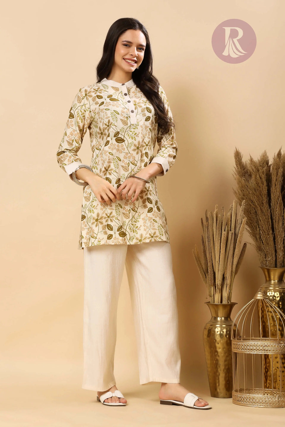 Complete look of Rabric cream floral Vertican Silk co-ord set – stylish women’s floral Vertican Silk outfit