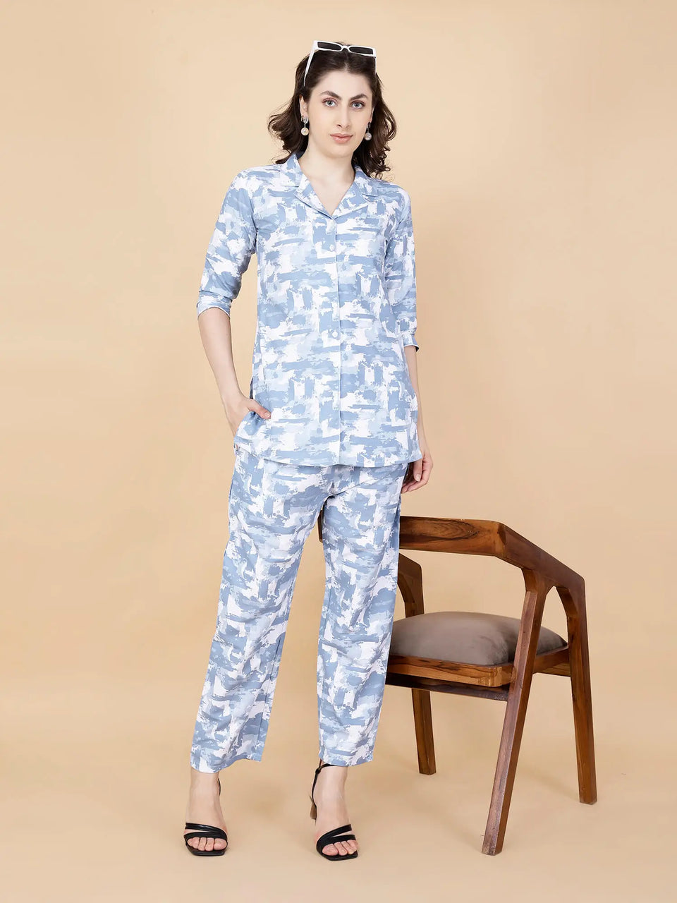 Elegant Blue Abstract Print Two-Piece Set for Women by Rabric