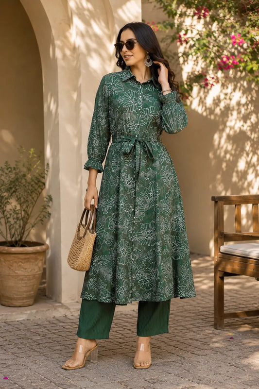 Rabric women green floral vertical silk co-ord set front view with long kurta and palazzo pants