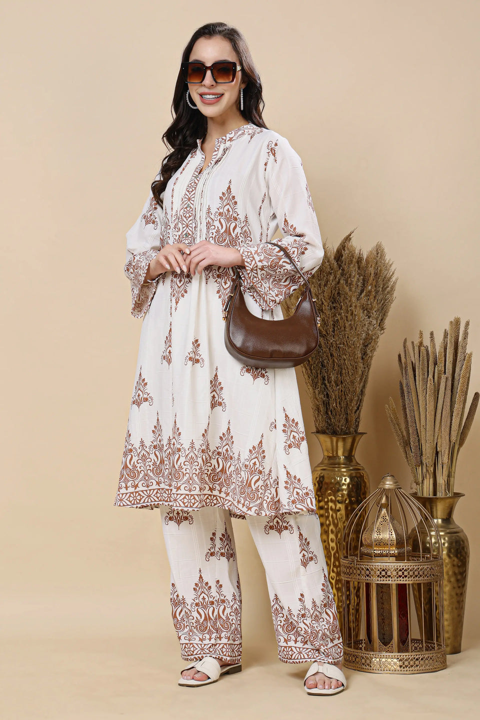 Rabric Premium Mul Cotton Floral Co-ord Set for Women – White & Brown Printed Long Kurti with Straight Pants | Breathable Summer Ethnic Co-ord Set