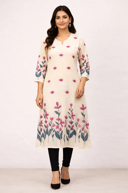 Women cotton long kurti front view cream floral printed stylish kurti