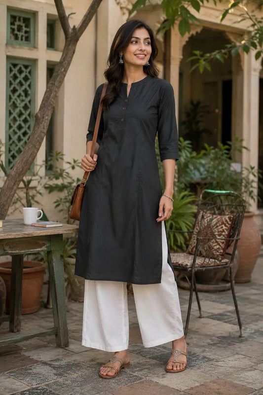 Rabric women dark charcoal popline cotton kurti paired with stylish palazzo pants in casual lifestyle look
