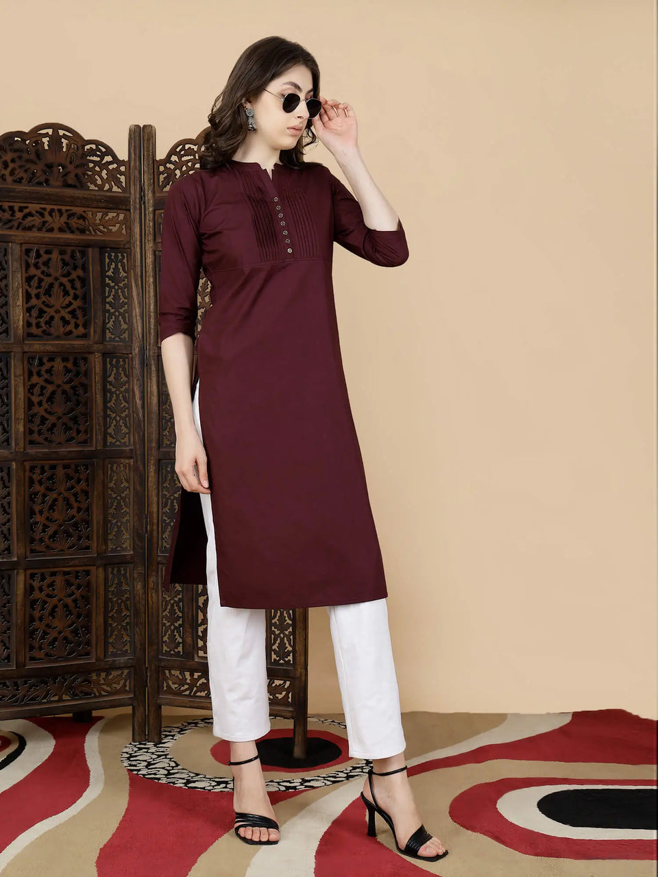Flatlay of Rabric Women’s Premium Maroon Kurti Outfit