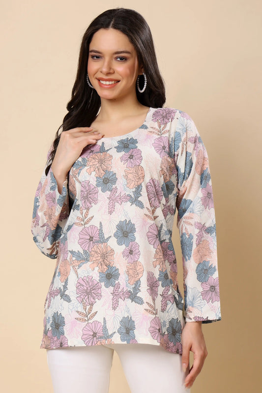 Women floral printed cotton short top front view office wear