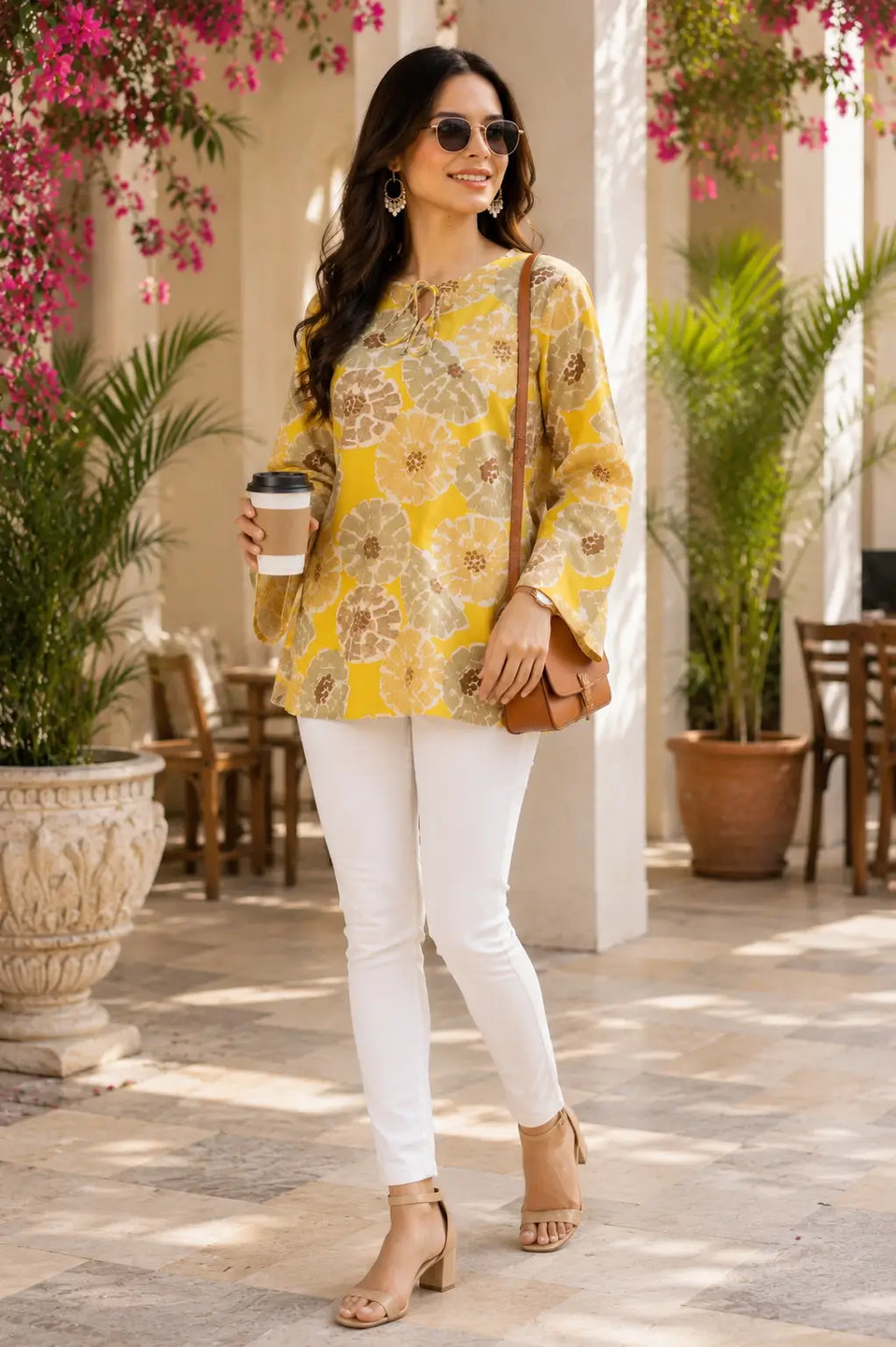 RABRIC women floral printed fashion top lifestyle look with accessories