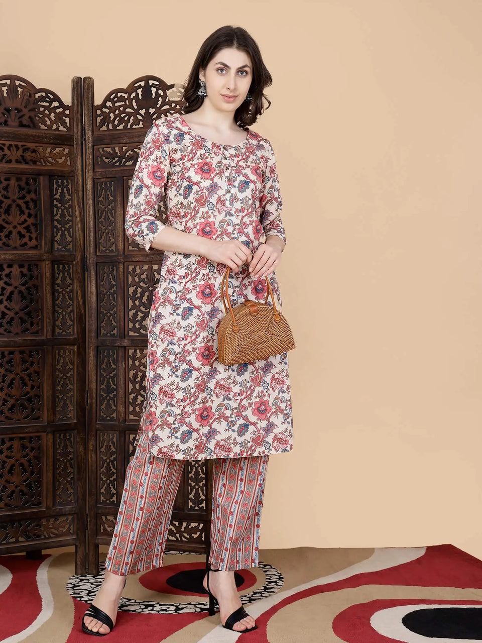 Elegant floral design kurti with striped pants – Rabric
