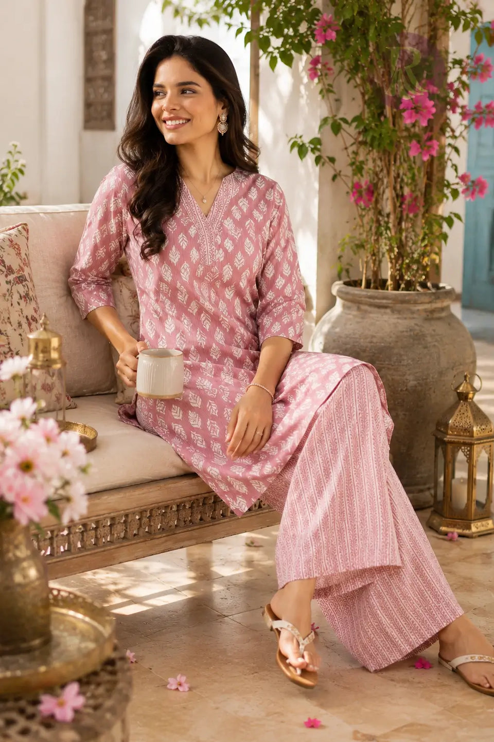 Elegant sitting pose lifestyle image of woman in Rabric pink cotton kurta pant set with ethnic summer styling
