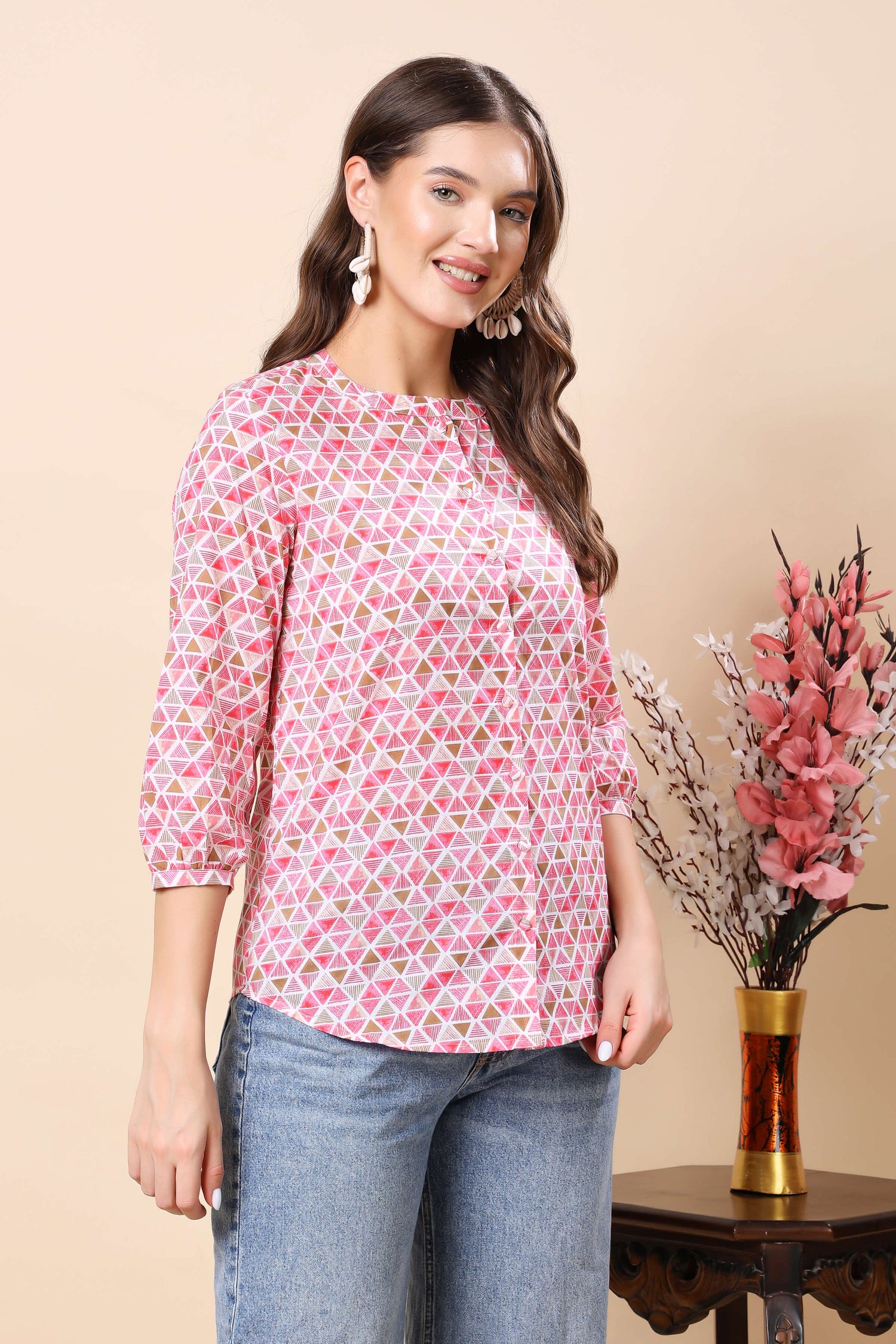 Side view of Rabric premium shirt style women’s top