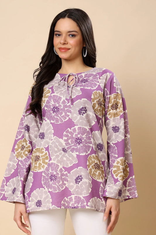 Women cotton printed short top front view purple floral