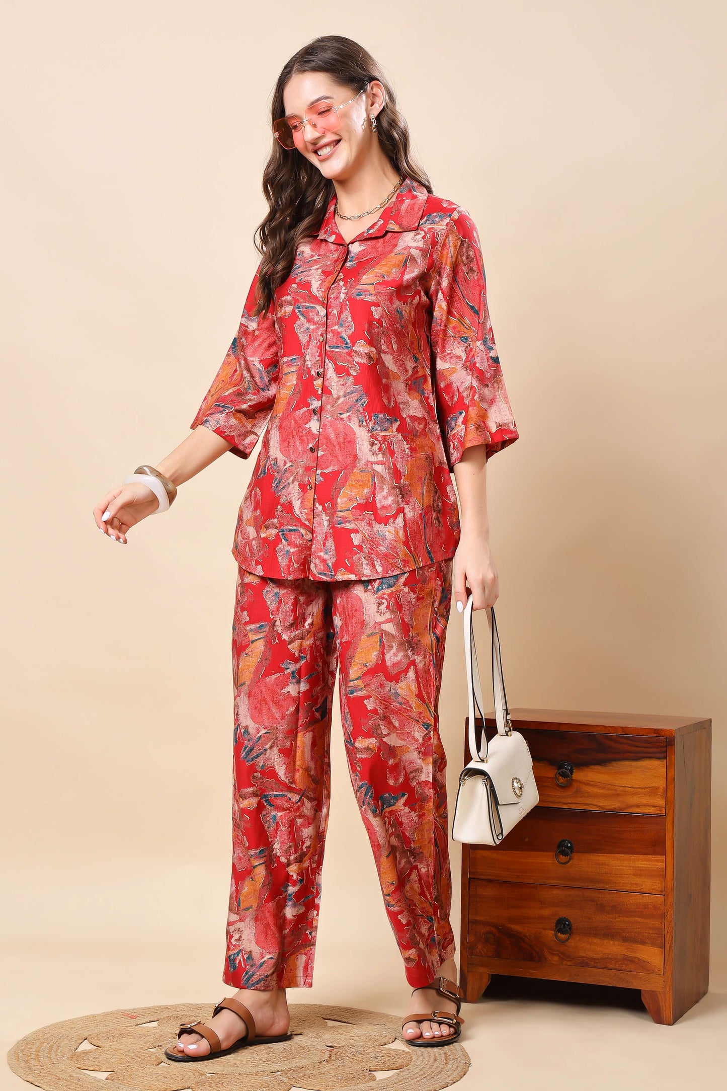 Full-length image of model wearing Rabric red co-ord set