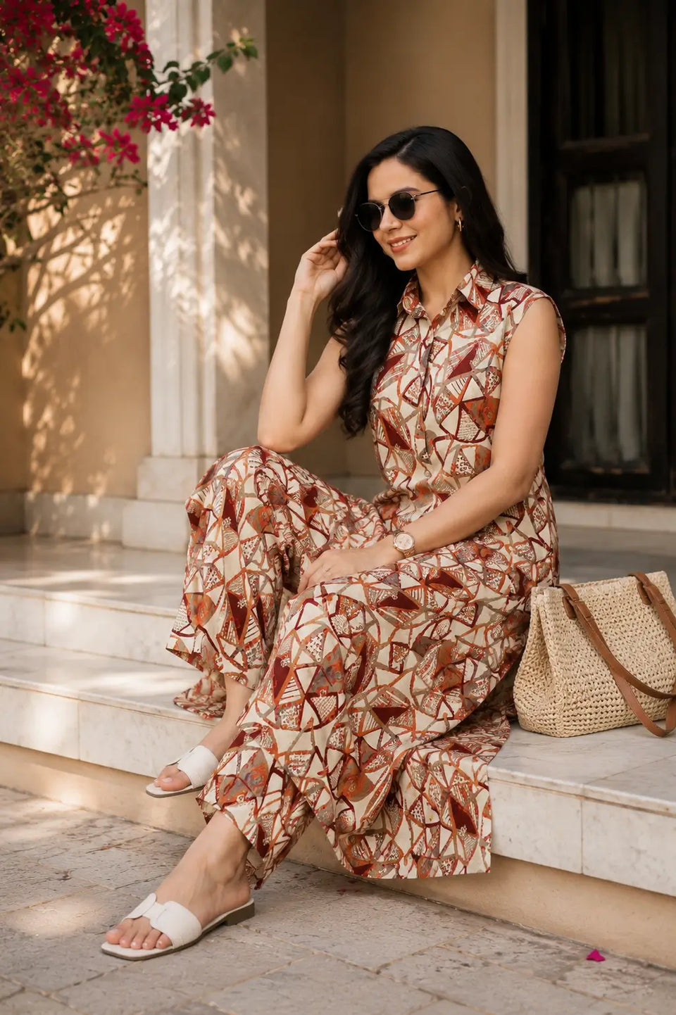 Women sleeveless printed long kurta coord set with collared neckline by RABRIC