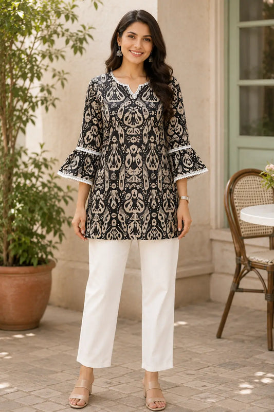 Rabric women black and beige cotton short kurti with 3/4 bell sleeves and lace detailing front view casual ethnic wear top
