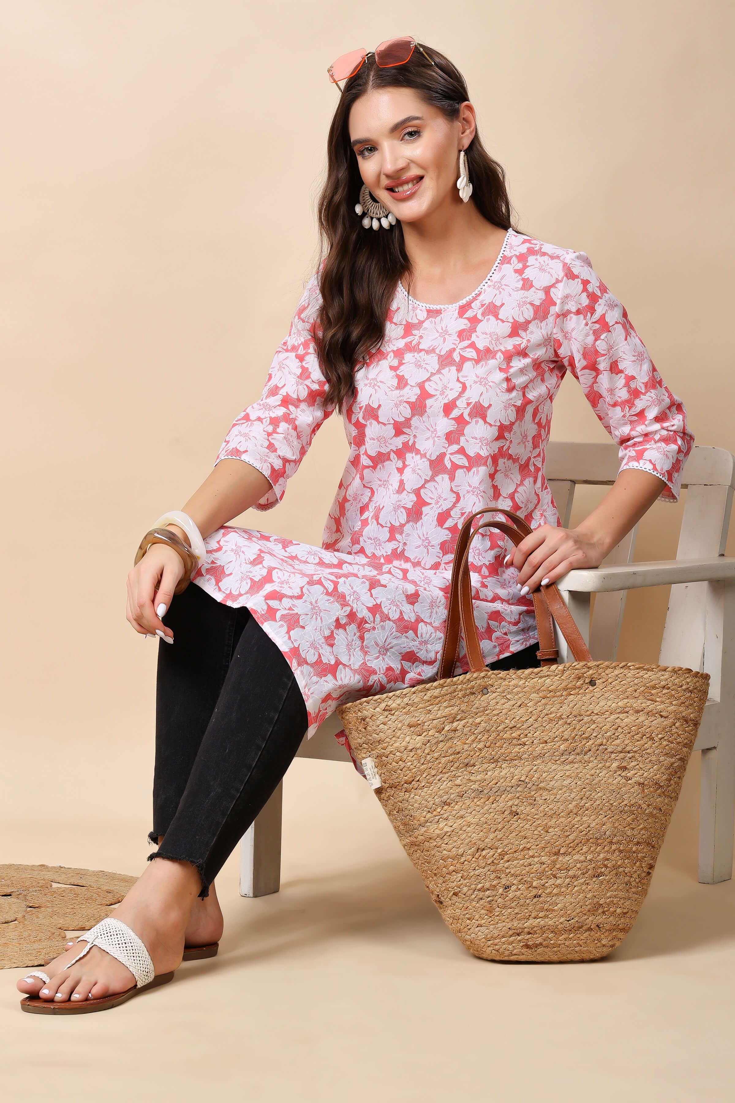Women’s Ethnic Floral Print Kurti in Pink and White by Rabric