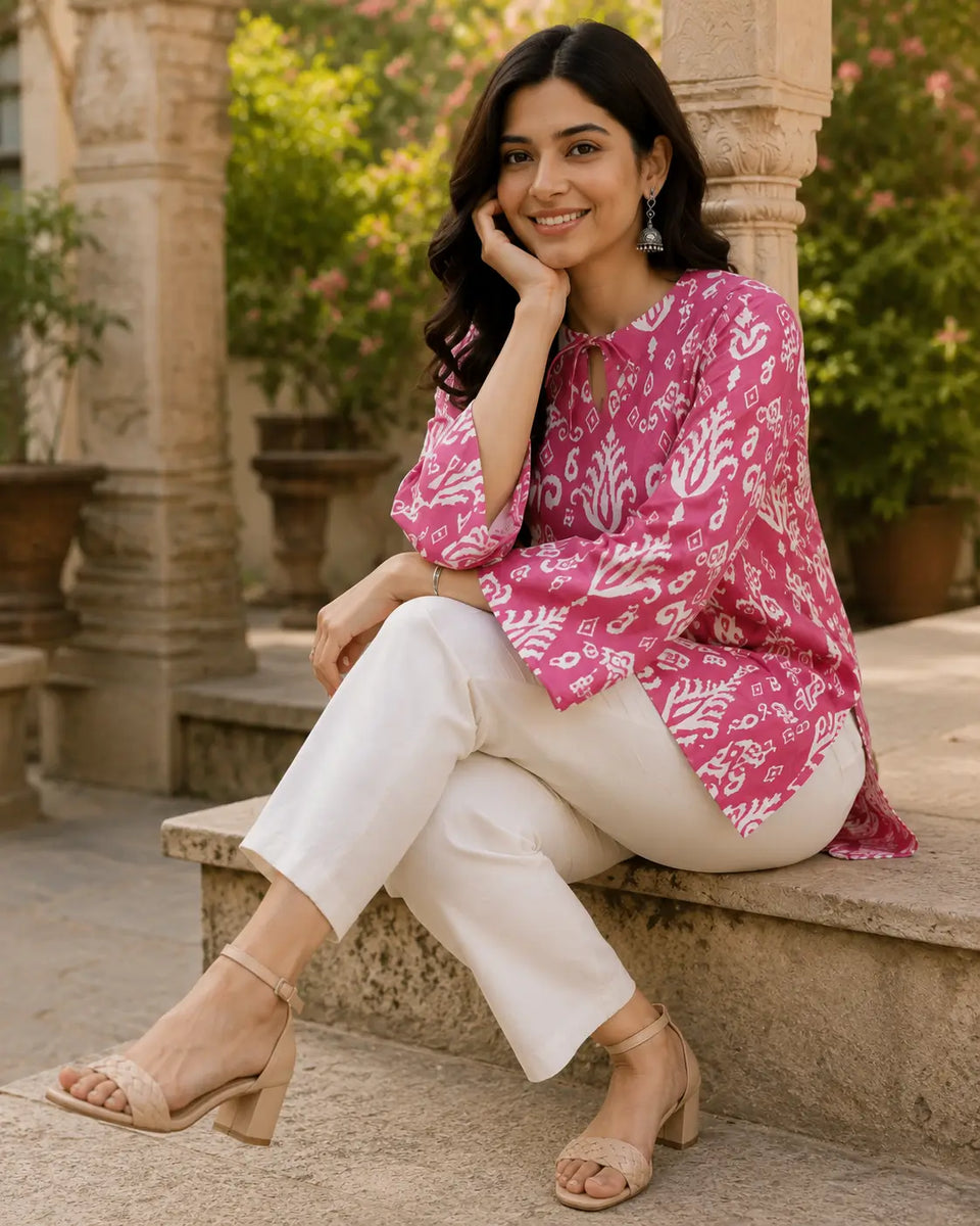 RABRIC pink boho printed women’s top with relaxed casual fashion styling