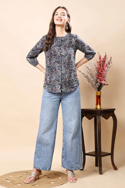 Rabric women’s premium printed short top with front buttons in navy blue and maroon