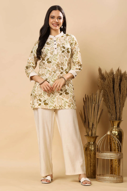 Rabric women’s Vertican Silk co-ord set in cream floral print, front view – trendy women’s co-ord set 2025