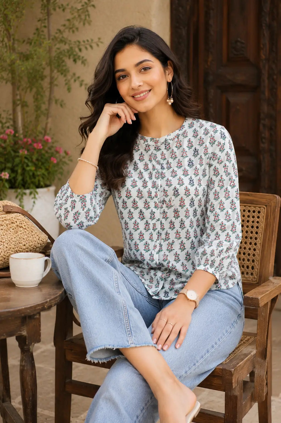 Women wearing Rabric white floral cotton short top in relaxed sitting pose with casual accessories and denim jeans