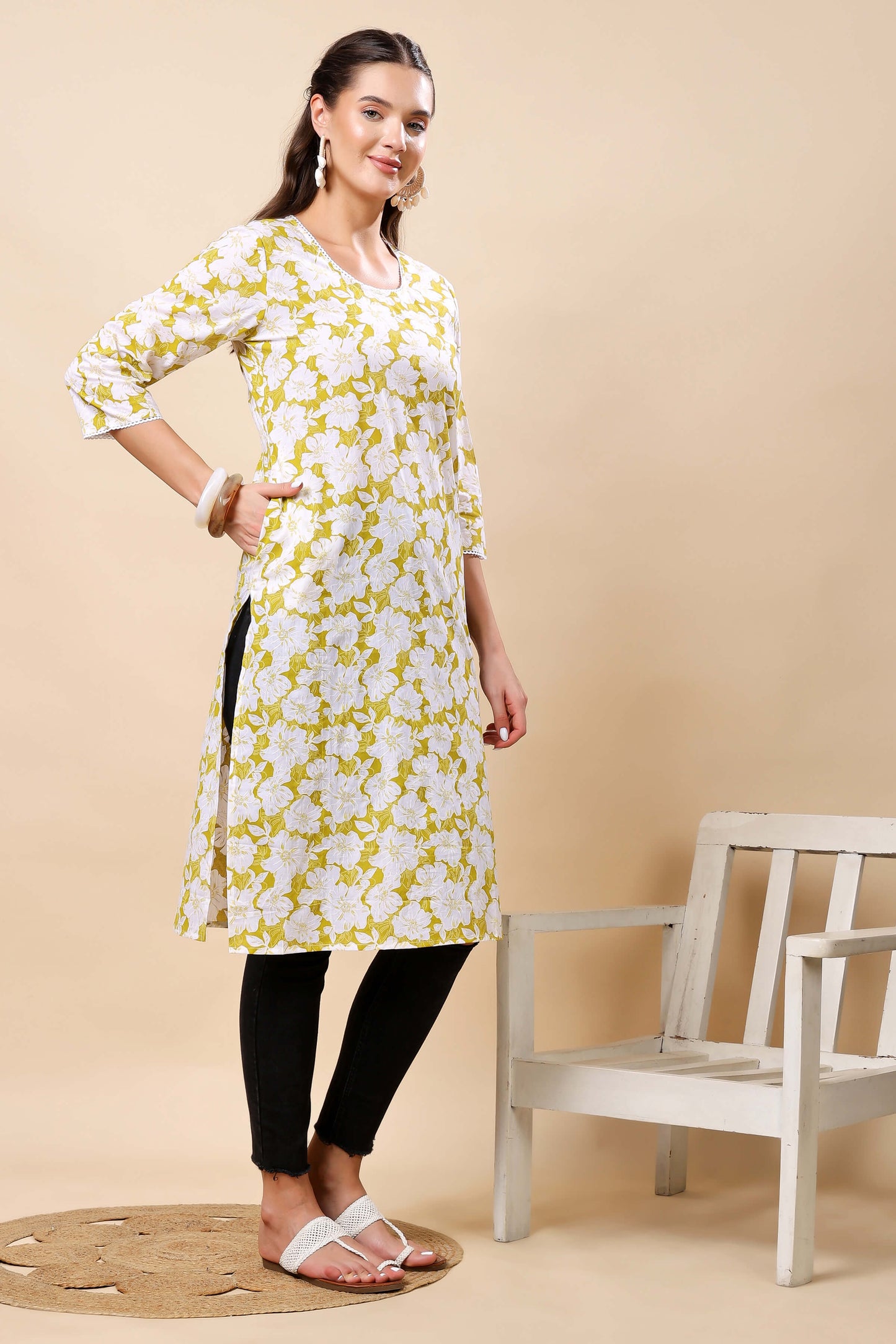 Side view of Rabric Yellow and White Floral Cotton Kurti with Lace Detailing