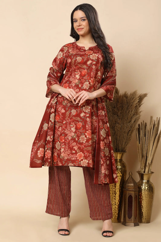 Women red floral kurta pant set with dupatta front view