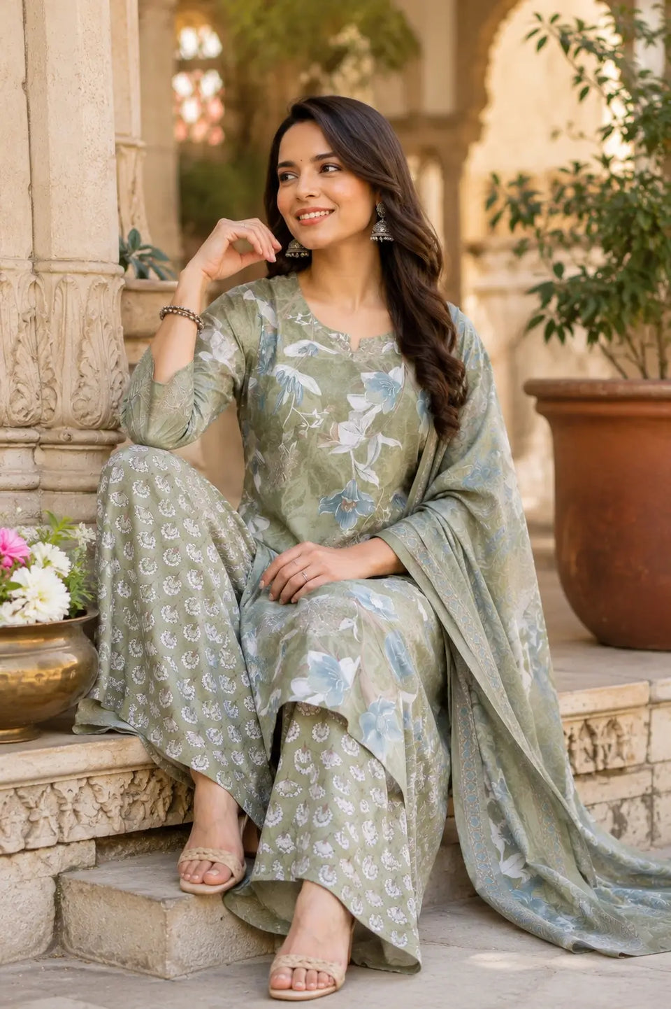 Beautiful woman in sage green cambric cotton kurta pant set with dupatta sitting casually in ethnic lifestyle setting by Rabric