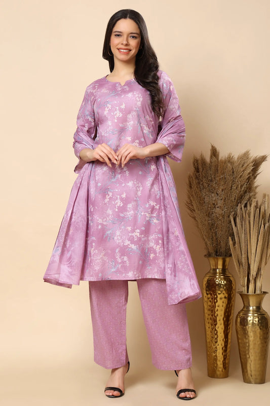Women soft purple floral cotton kurta pant set with dupatta front view
