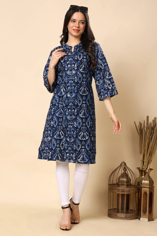 Women blue printed long kurti front view cotton flex kurta