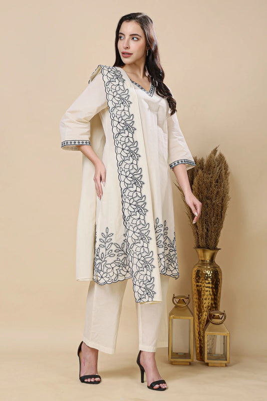 Women cream cotton kurta pant set with dupatta front view embroidered V neck