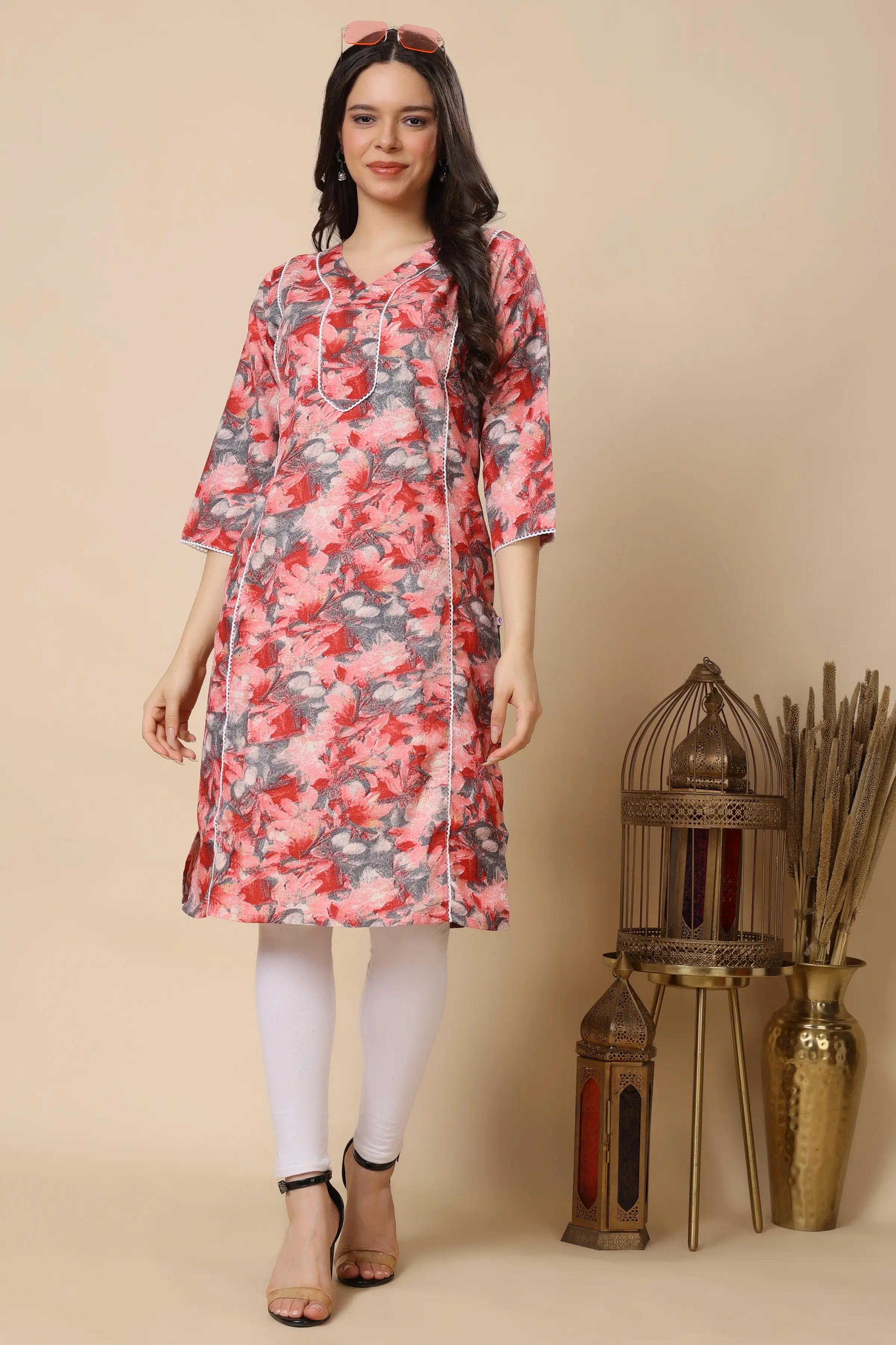 Rabric women floral cotton long kurti front view with lace detailing