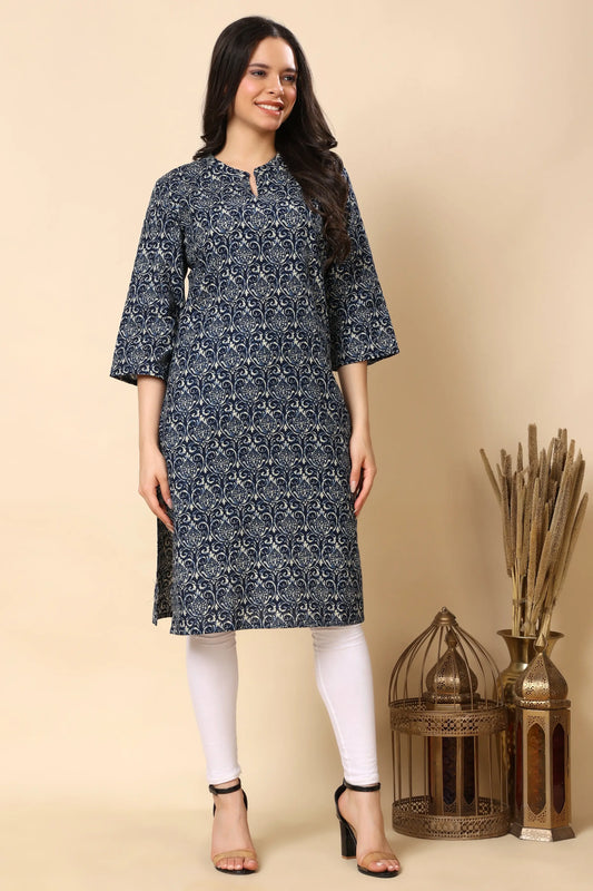 Women navy blue printed cotton flex long kurti front view