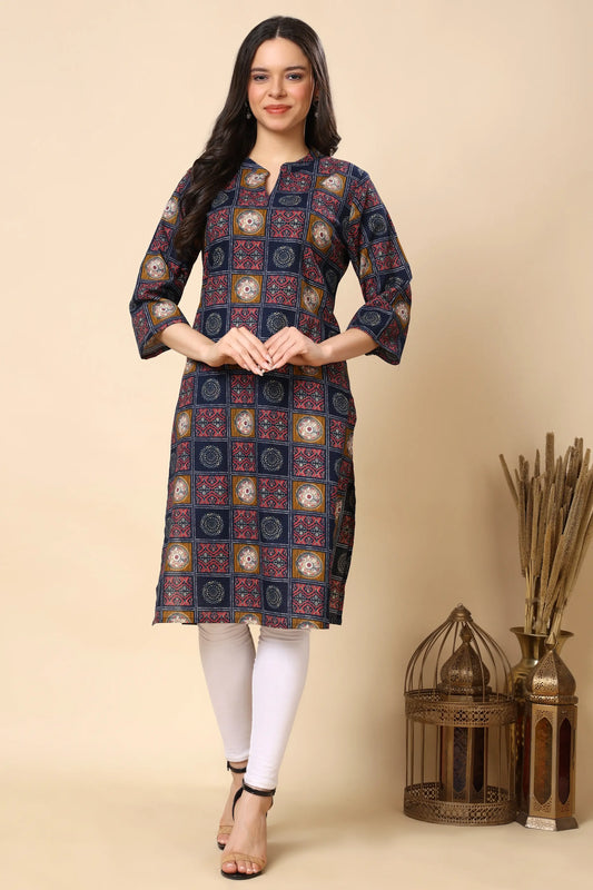 Front view of women navy blue printed cotton flex long kurti