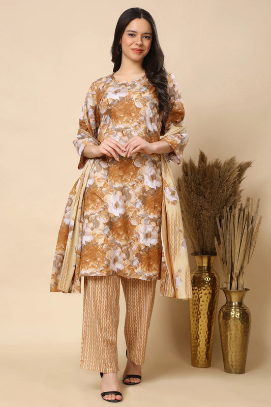Women floral kurta pant set with dupatta front view in mustard cotton