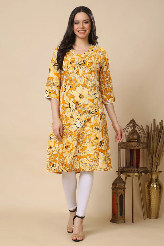 Women yellow floral cotton long kurti front view with lace detailing