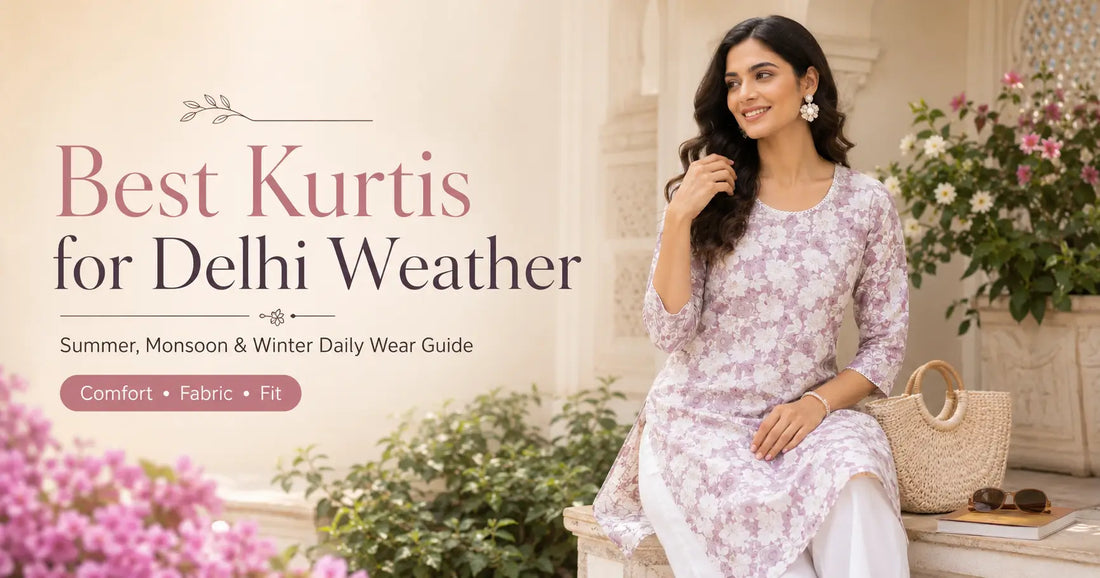 Woman wearing a lightweight cotton daily wear kurti suitable for Delhi summer, monsoon and changing weather