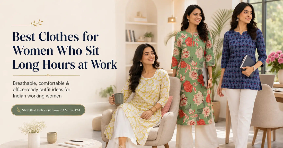 Comfortable office clothes for women in India for long work hours, featuring breathable kurtis and workwear styling.