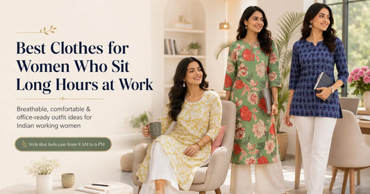Comfortable office clothes for women in India for long work hours, featuring breathable kurtis and workwear styling.