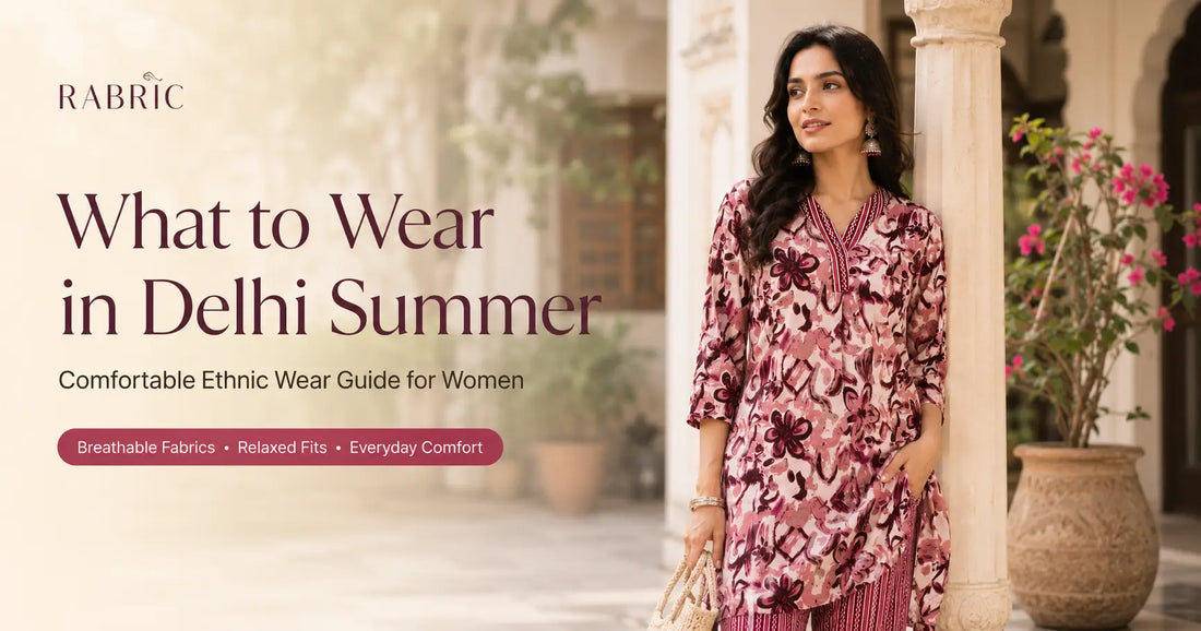 Woman wearing a breathable cotton ethnic outfit for Delhi summer with a lightweight kurti and comfortable pants
