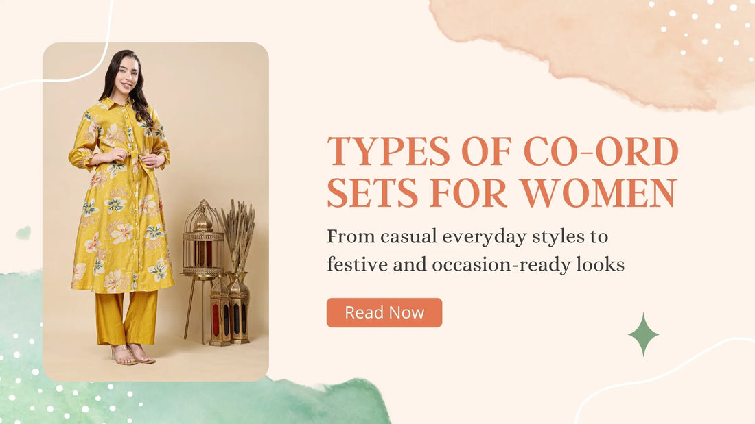 Types of women co-ord sets showcasing casual, workwear, and festive styles