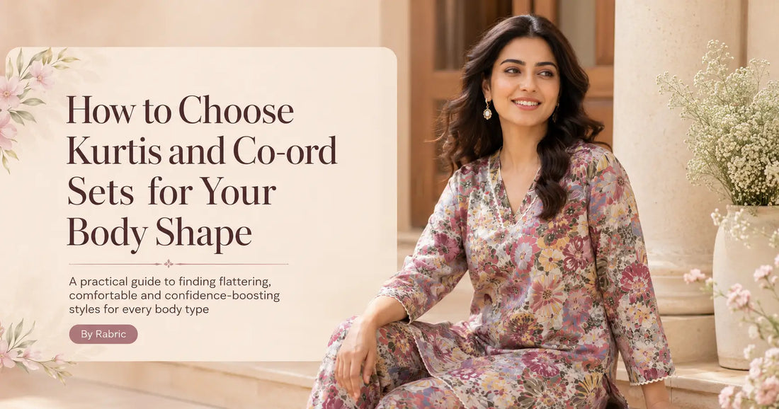 Woman wearing a kurti and co-ord set style guide for different body shapes by RABRIC