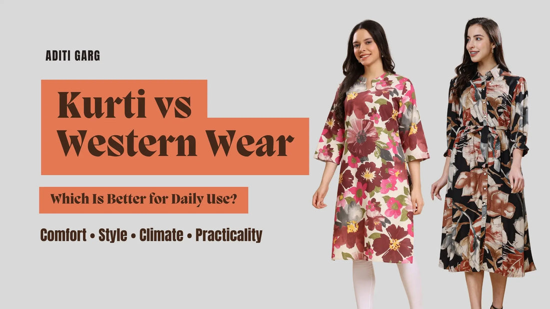 Kurti vs Western wear for daily use comparison showing Indian woman in cotton kurti and western outfit for everyday fashion