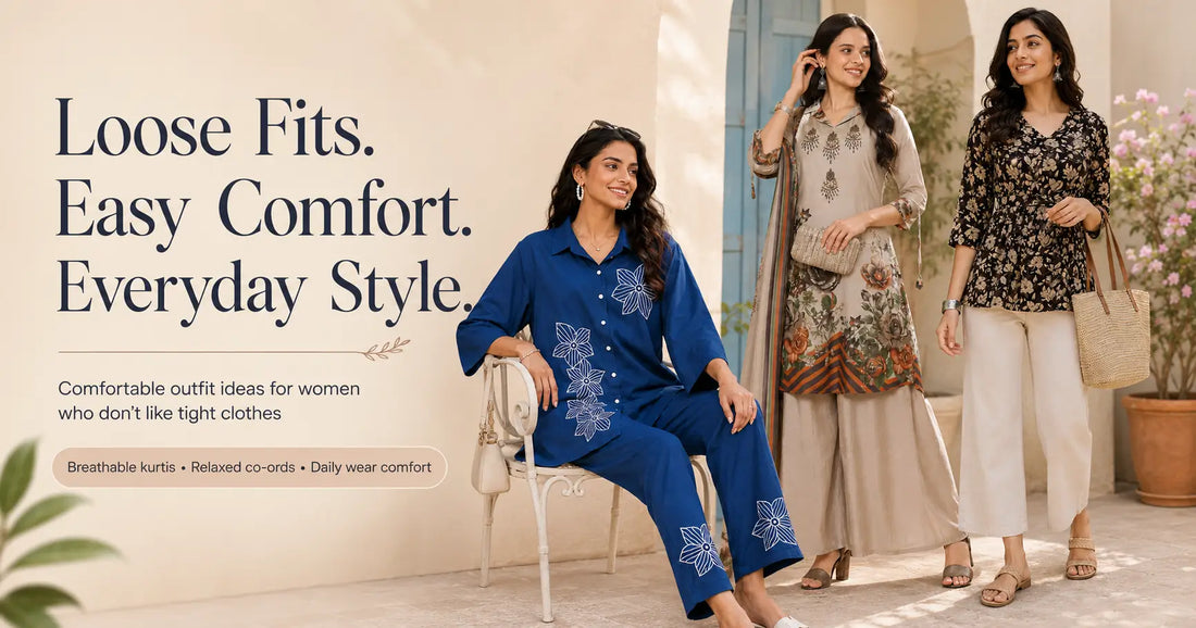 Loose comfortable outfits for women featuring breathable cotton kurti and relaxed daily wear styling by RABRIC