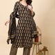 Brown printed cotton suit set for women with matching dupatta and striped pants – elegant ethnic wear by Rabric Stores