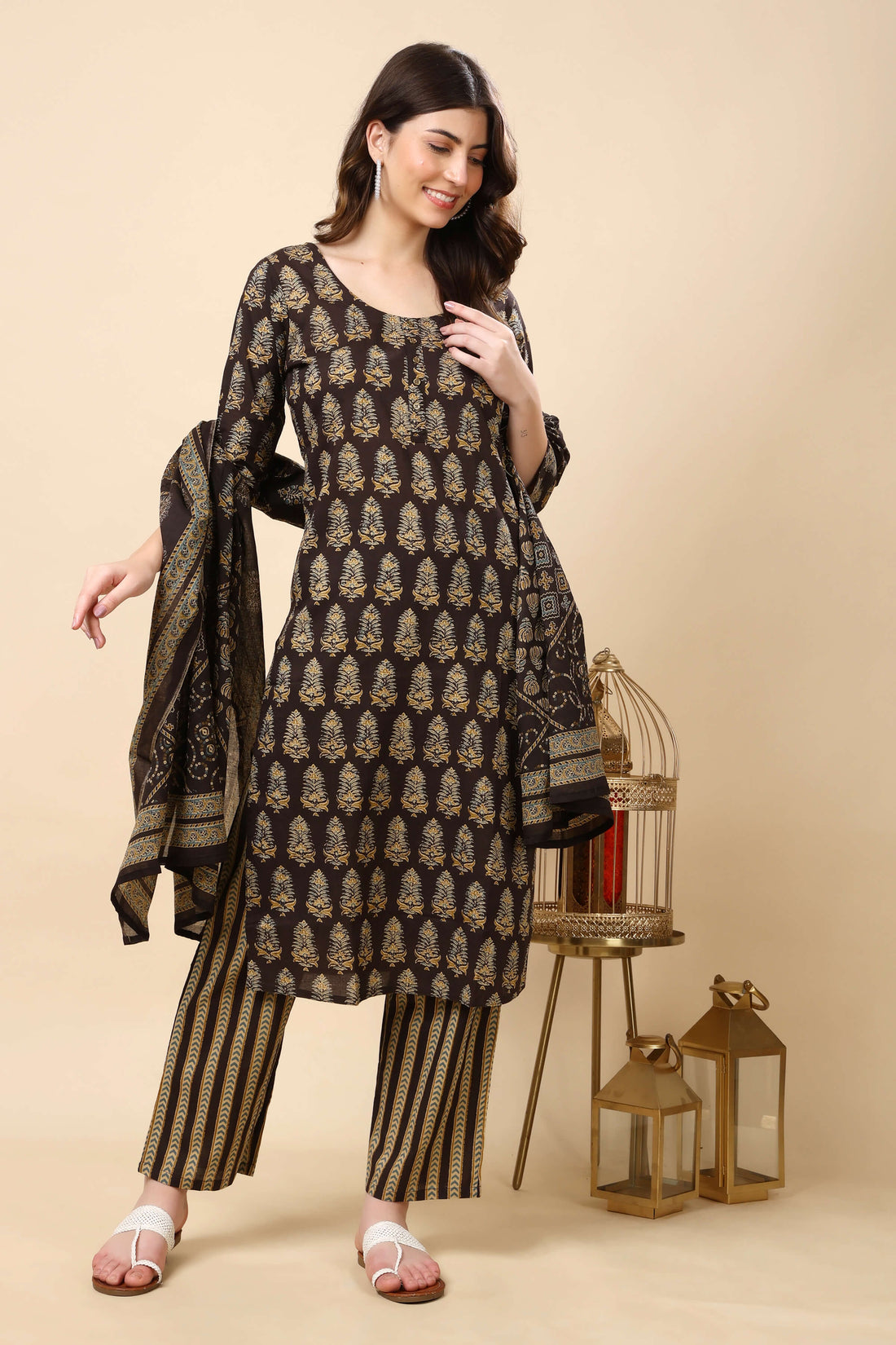 Brown printed cotton suit set for women with matching dupatta and striped pants – elegant ethnic wear by Rabric Stores