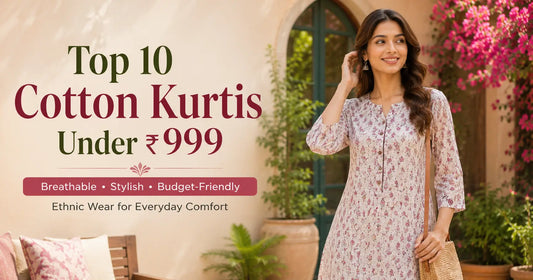 Woman wearing stylish breathable cotton kurti under ₹999 for summer daily wear
