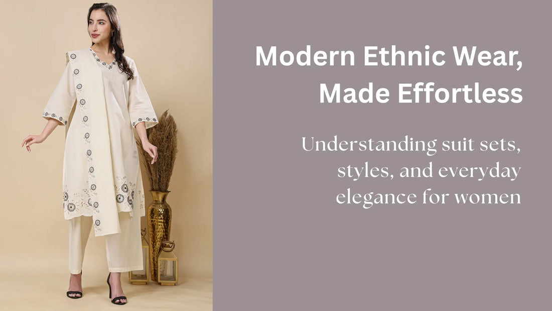 What is a suit set for women showing a modern ethnic suit set with kurta, bottom and dupatta
