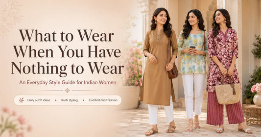 Indian woman choosing a comfortable daily wear outfit with kurtis, jeans and kurta sets for everyday styling