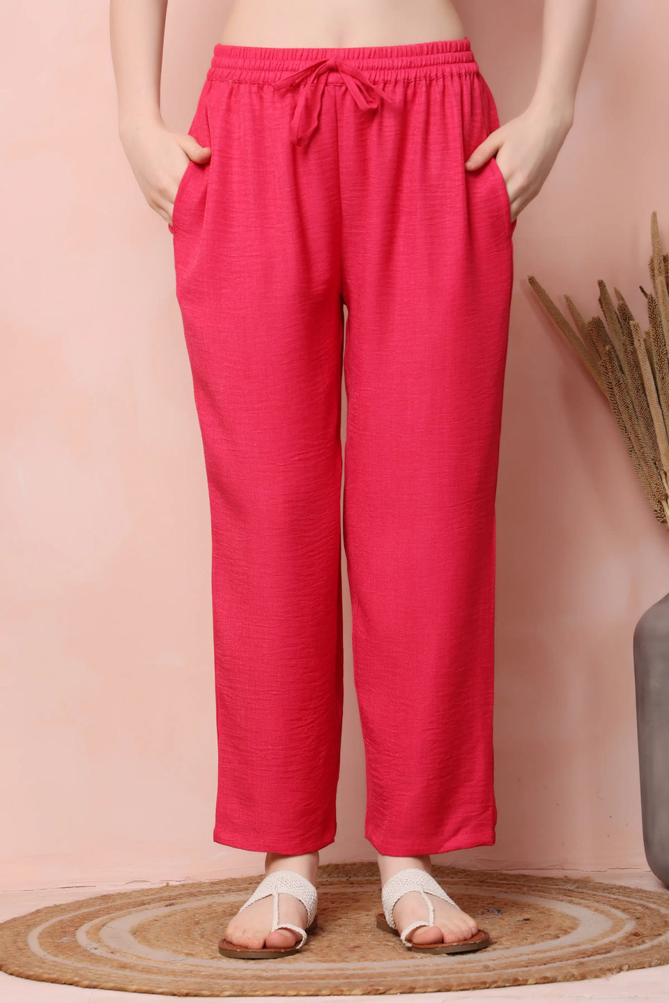 RABRIC coral pink twill co-ord trousers showing the elasticated drawstring waist and side pockets