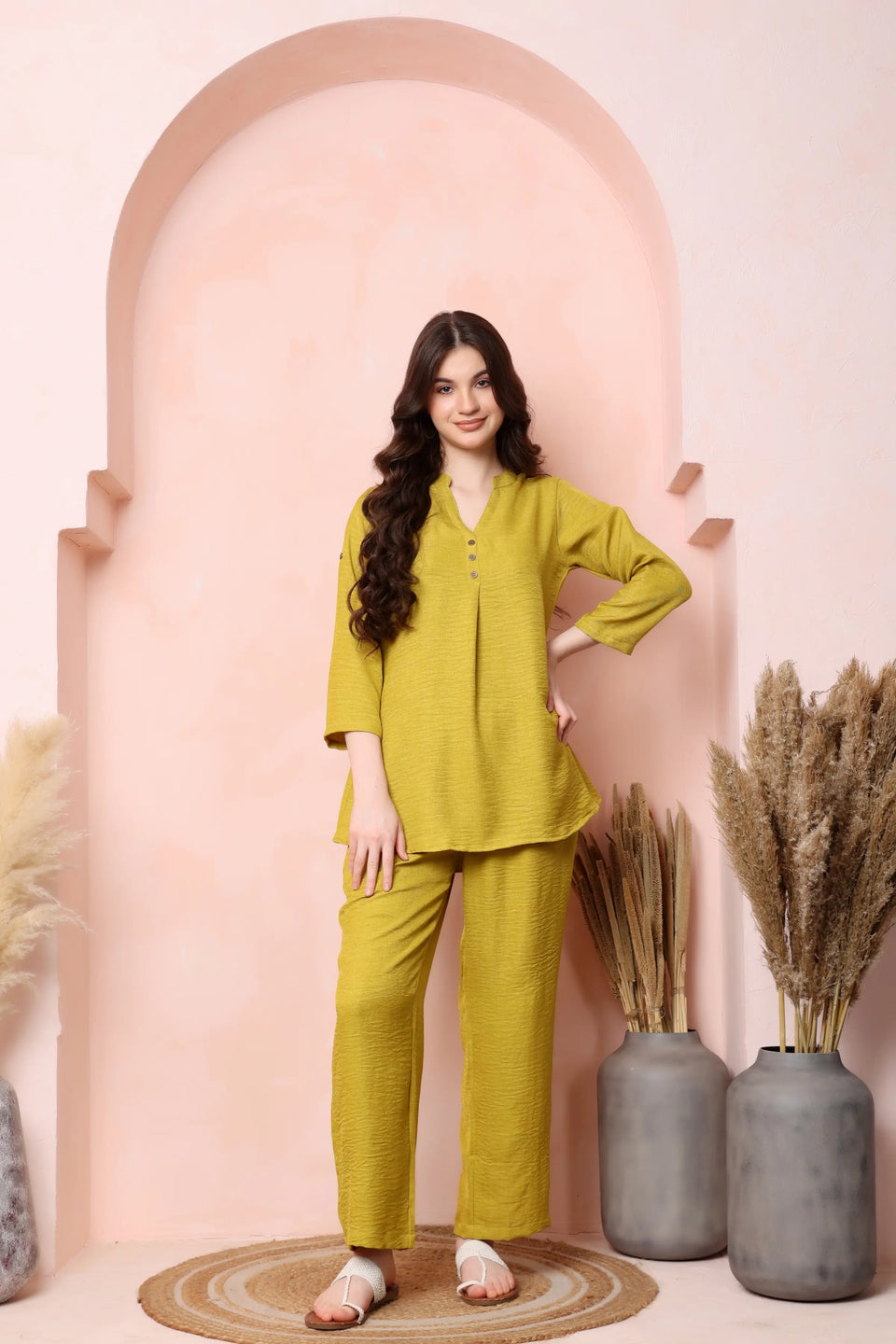 Front view of RABRIC mustard yellow twill co-ord set with a slightly flared top and relaxed trousers.