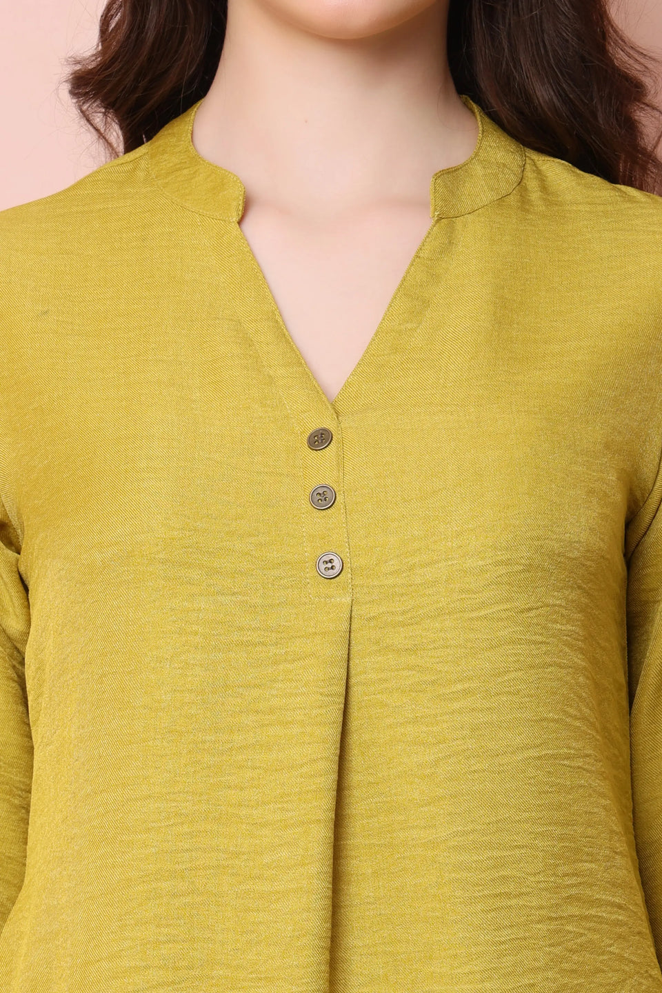 RABRIC mustard yellow twill co-ord set close-up showing the mandarin collar, three buttons and front pleat.
