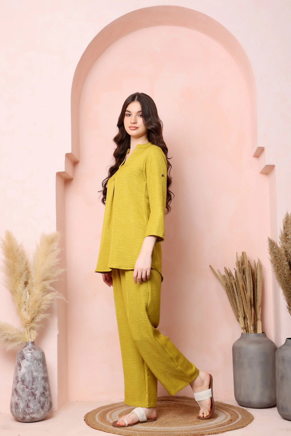Right-side view of RABRIC mustard yellow twill co-ord set showing three-quarter sleeves and wide-leg trousers.